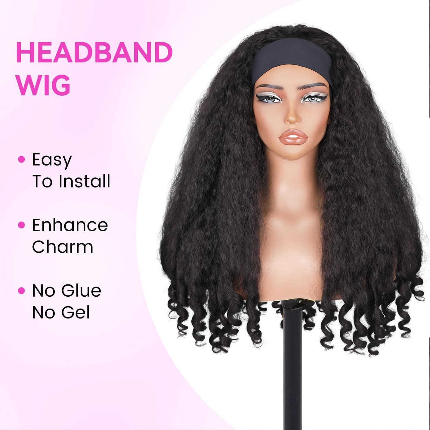 Women's Turban Curly African Black Ice Ribbon Synthetic Wig Long Curls