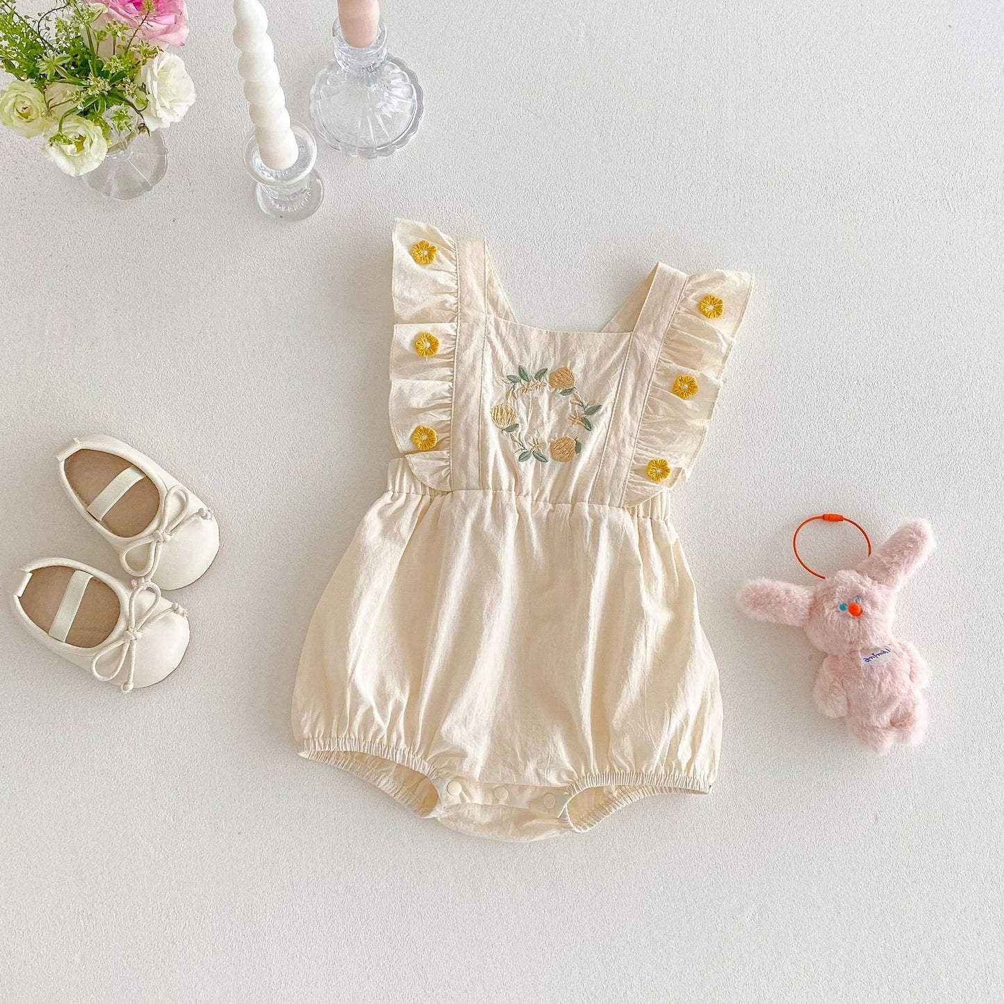 No Embroidery Summer Korean Style Flounced Sleeve Floral Jumpsuit, Climbing Suit