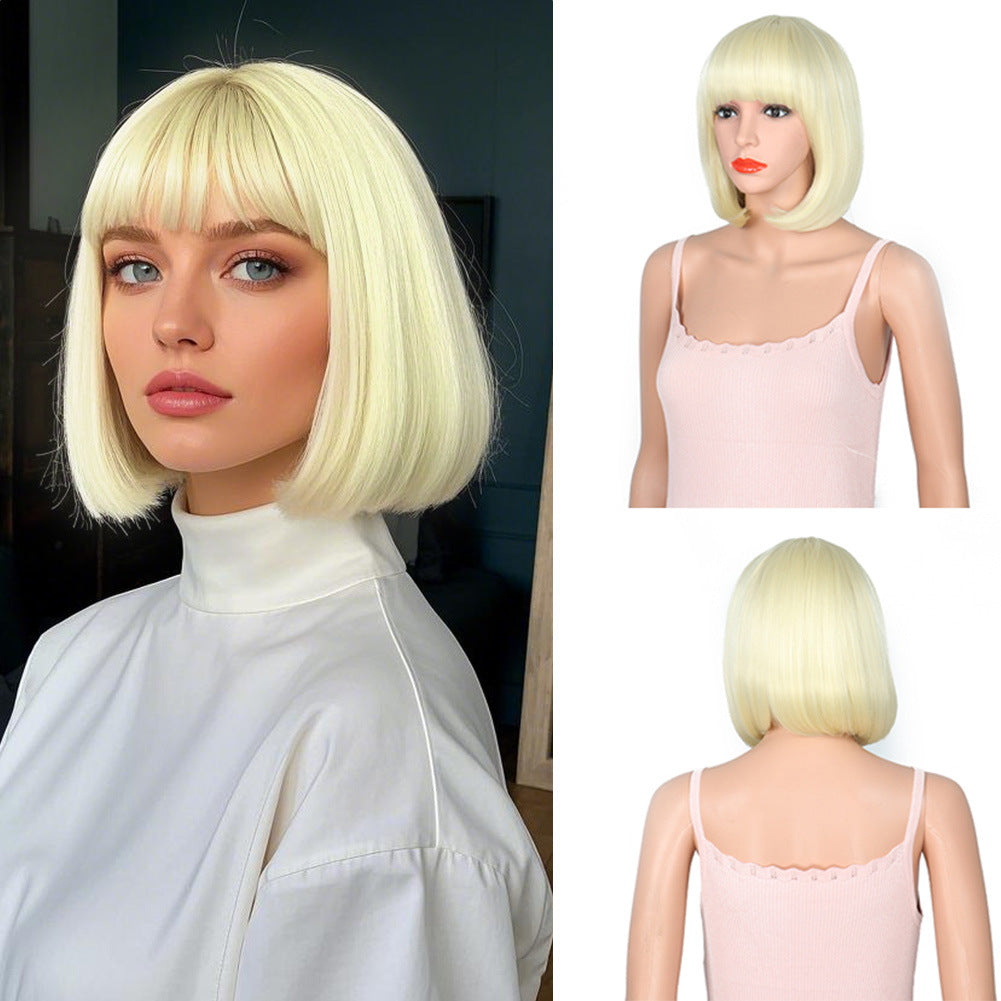 Women's Fashion Long Black Head Cover With Wig Short Straight Hair