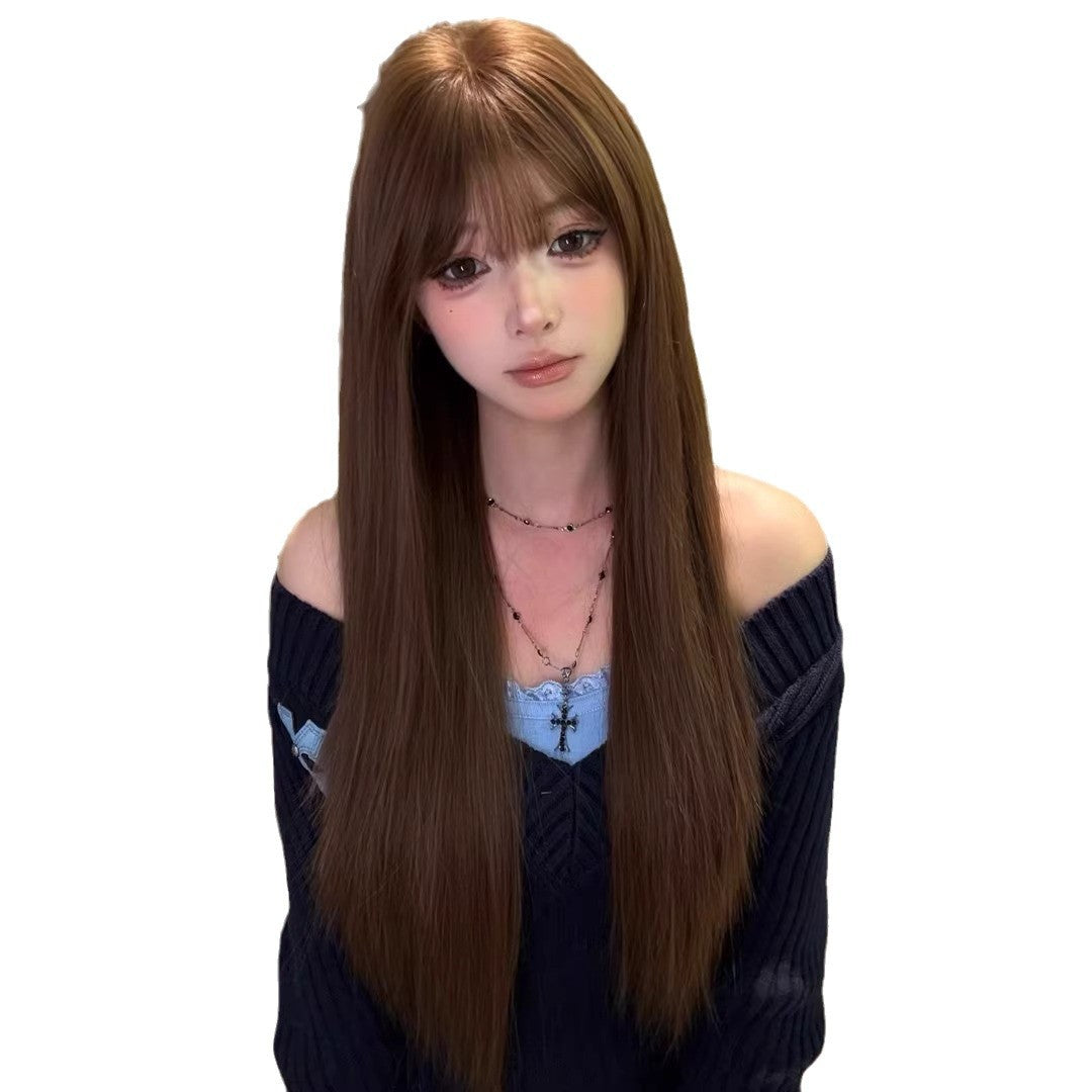 Tea Chestnut Brown Bangs Hair Female Atmosphere Long Straight Wig