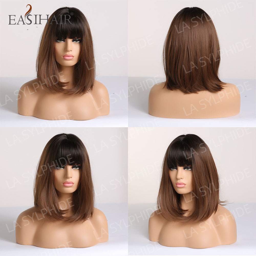 Synthetic Bob With Bang Brown Hair Long Straight Wig