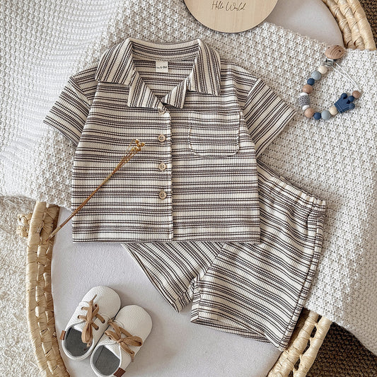 Children's Solid Color Narrow Striped Button Two-piece Children's Suit