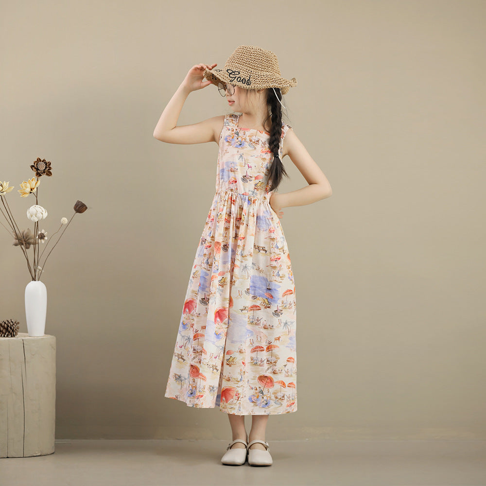 Summer Strap Beach Middle Big Floral Children's Dress