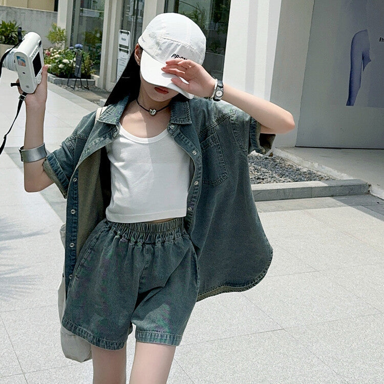 Children's Thin Do The Old Cowboy Short-sleeved Shorts Medium Big Denim Children's Suit