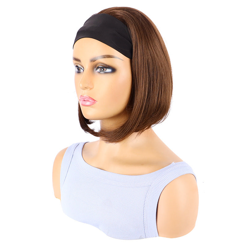 Women's Brown Black Band Head Cover Inner Wig Short Straight Hair