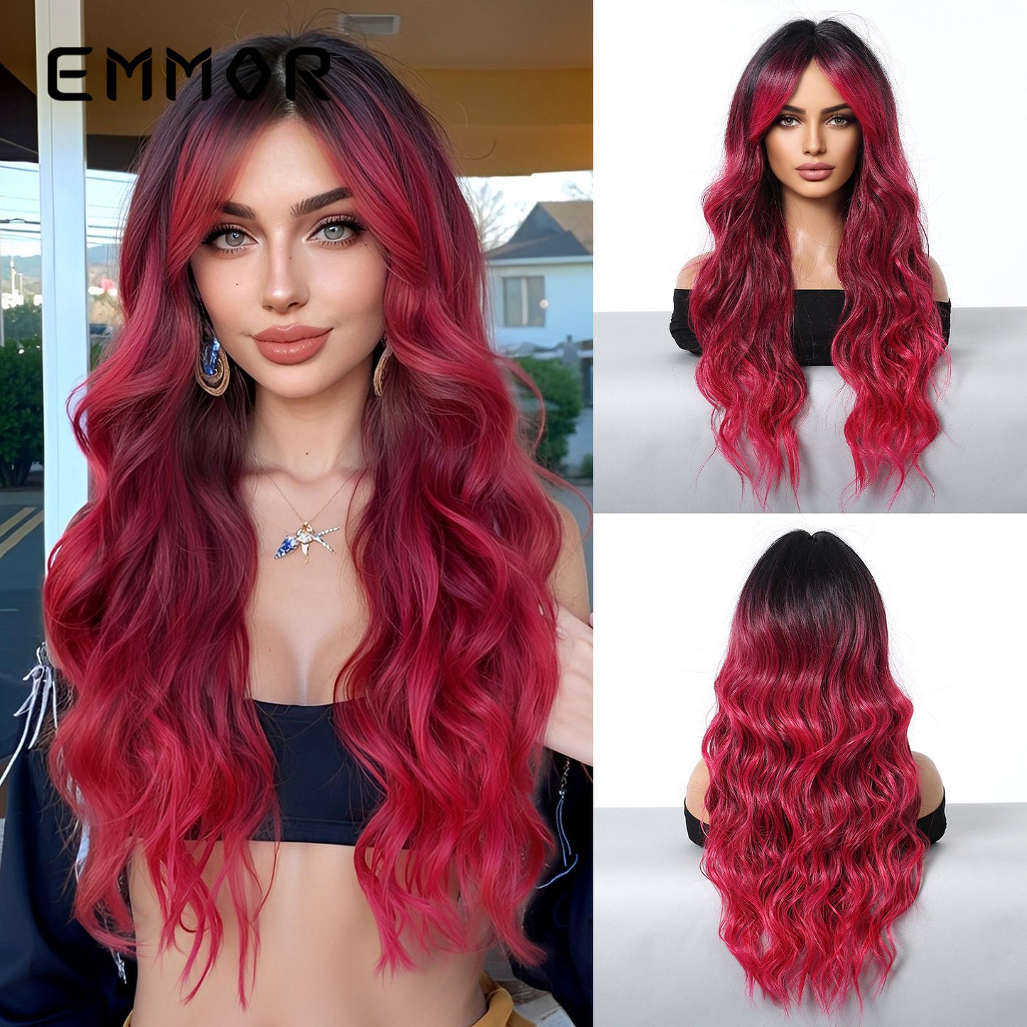 Red Gradient Bangs Big Wave Curly Wig Long Curls