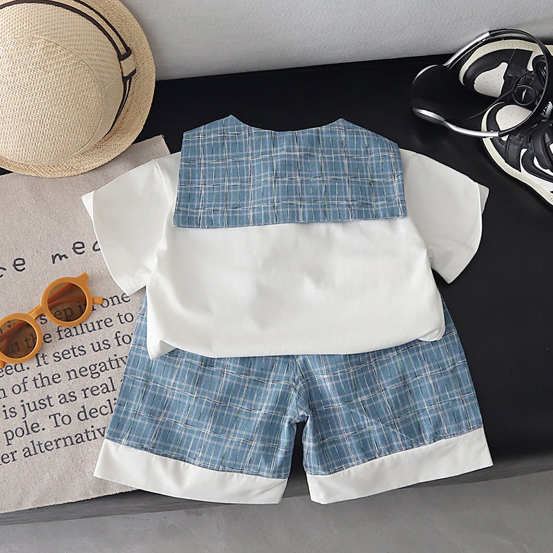 Children's Preppy Style Boys Plaid Short-sleeved Shorts Children's Suit