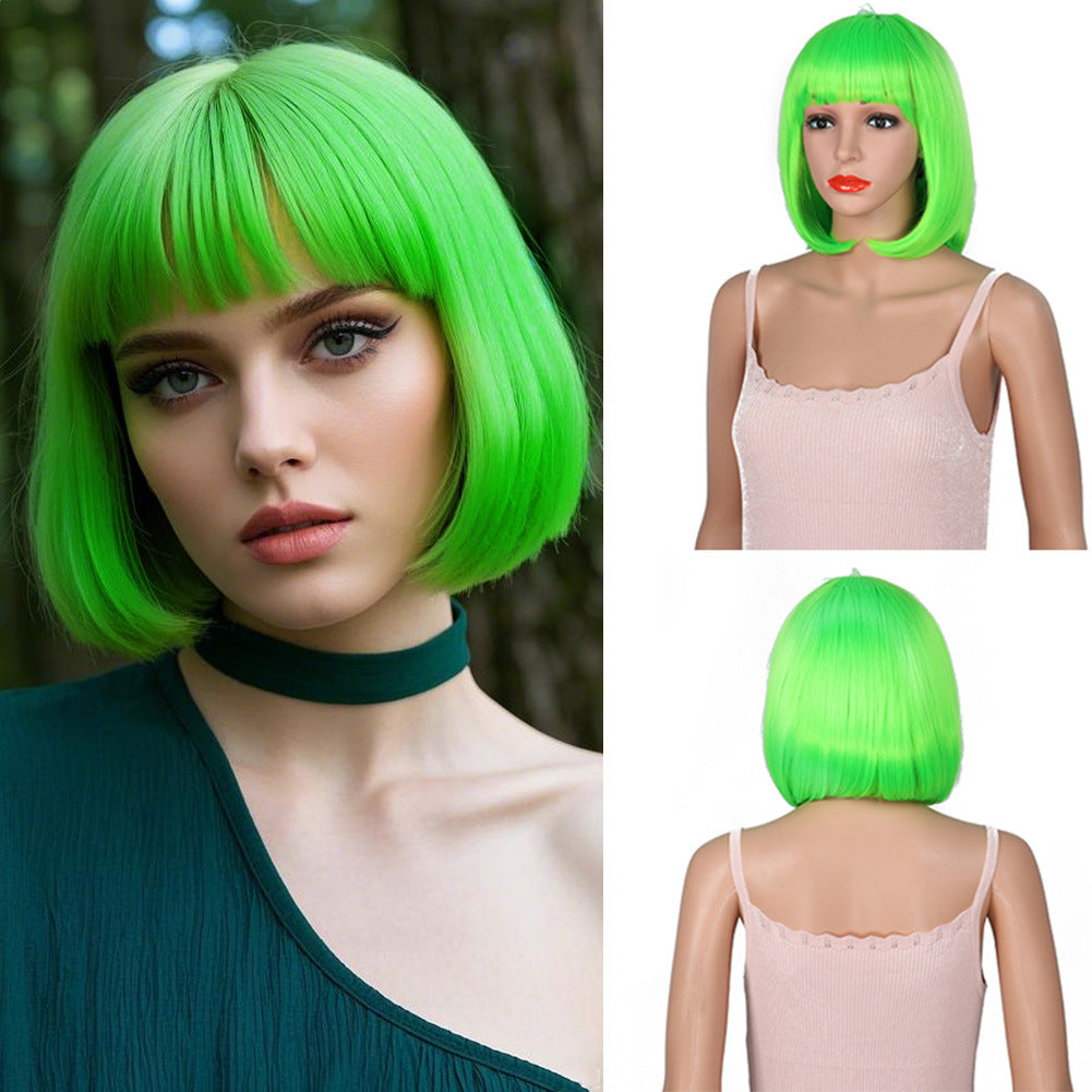 Women's Fashion Long Black Head Cover With Wig Short Straight Hair
