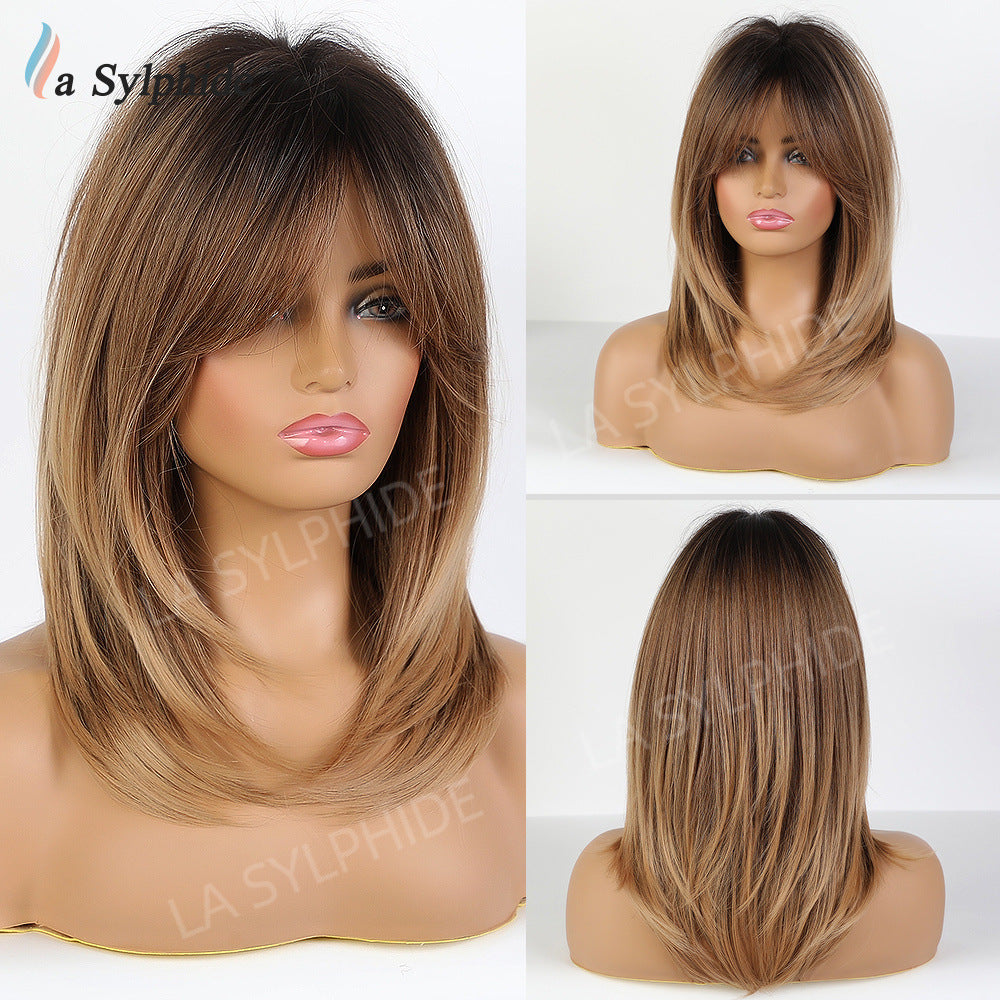 Gradient Golden Medium Hair Inner Buckle Bangs Long Straight Wig