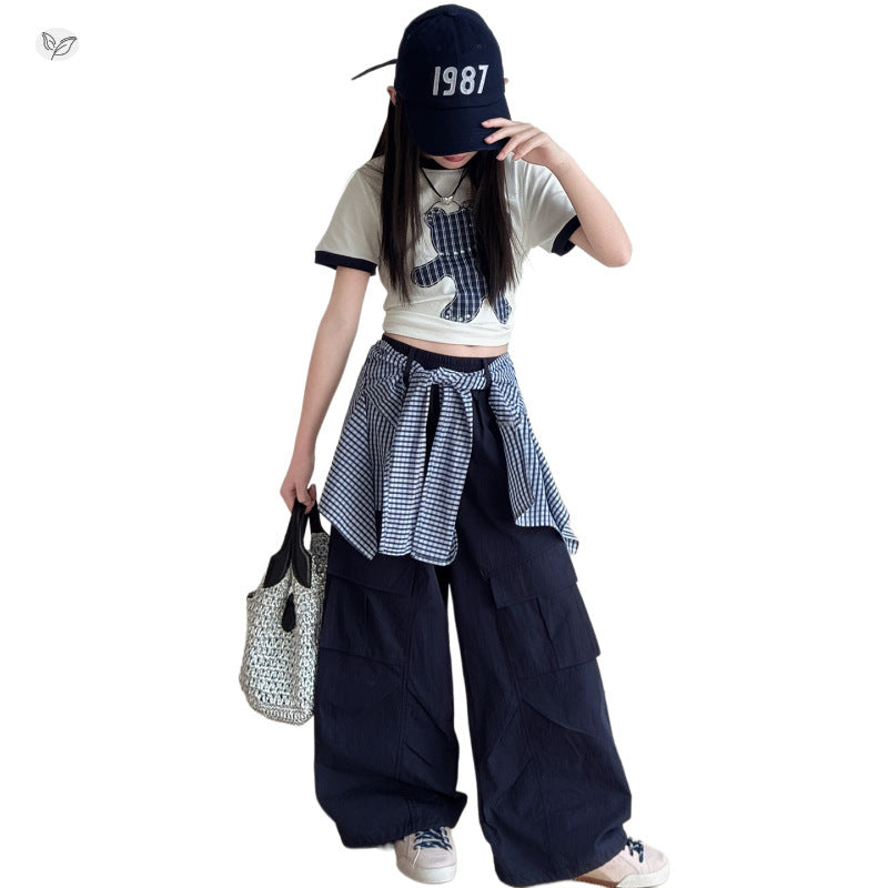Children's Summer Plaid Bear T-shirt Fart Curtain Overalls Two-piece Children's Pants