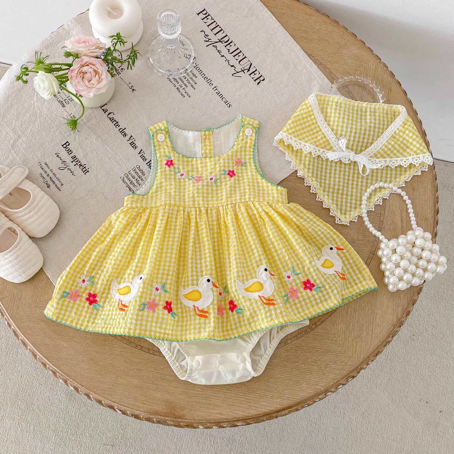Clothes Summer Dress Cute Duck Yellow Plaid Romper Group Sleeveless Jumpsuit, Climbing Suit