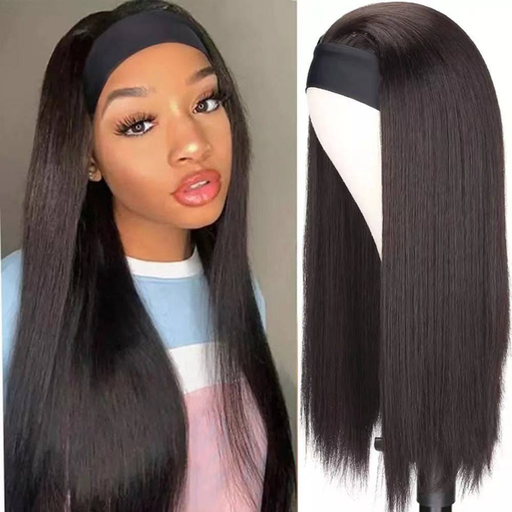 Women's Turban Hair Black Chemical Fiber Band Long Straight Wig