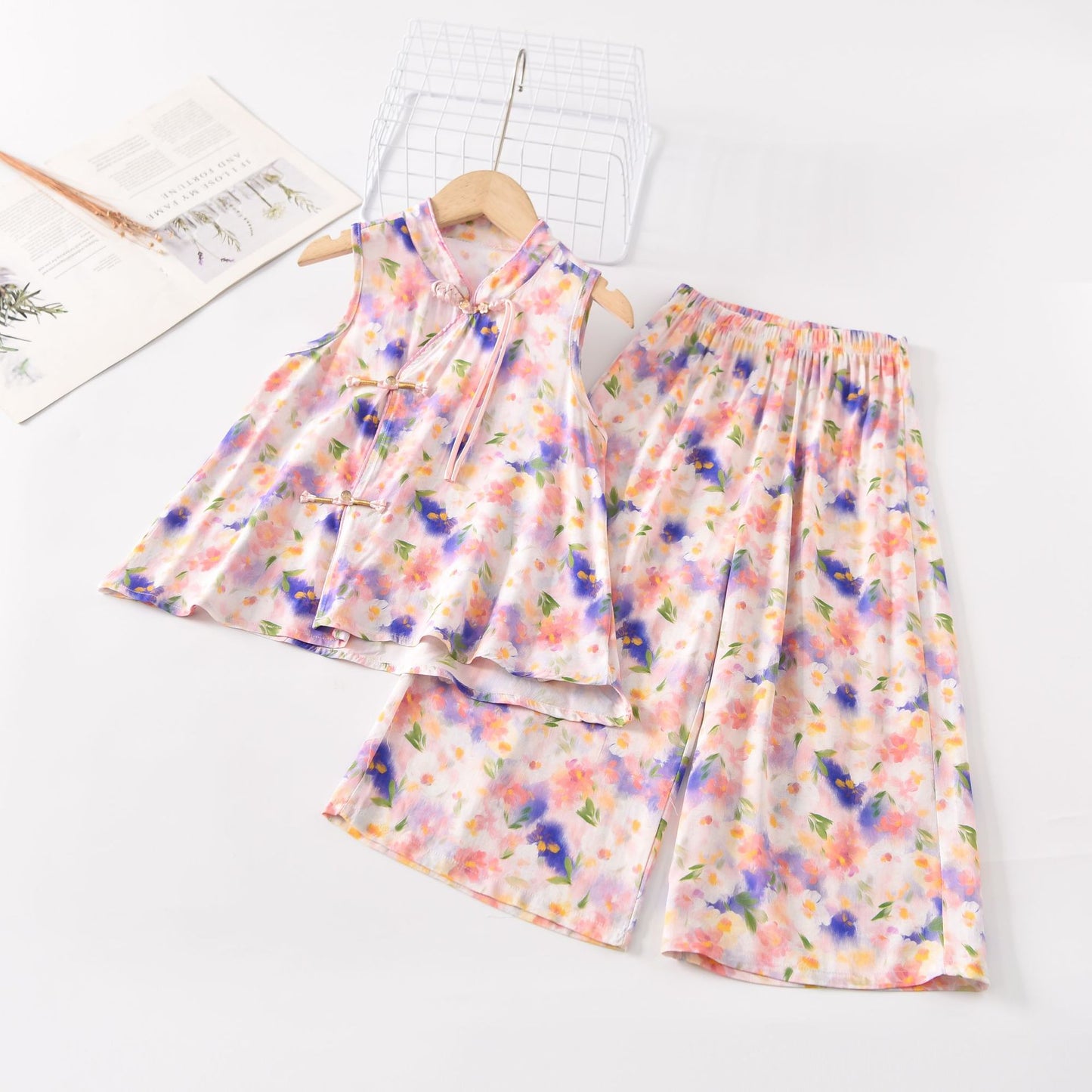 Children's Cool Summer Vest Shorts Poplin Pajamas Artificial Cotton National Children's Suit