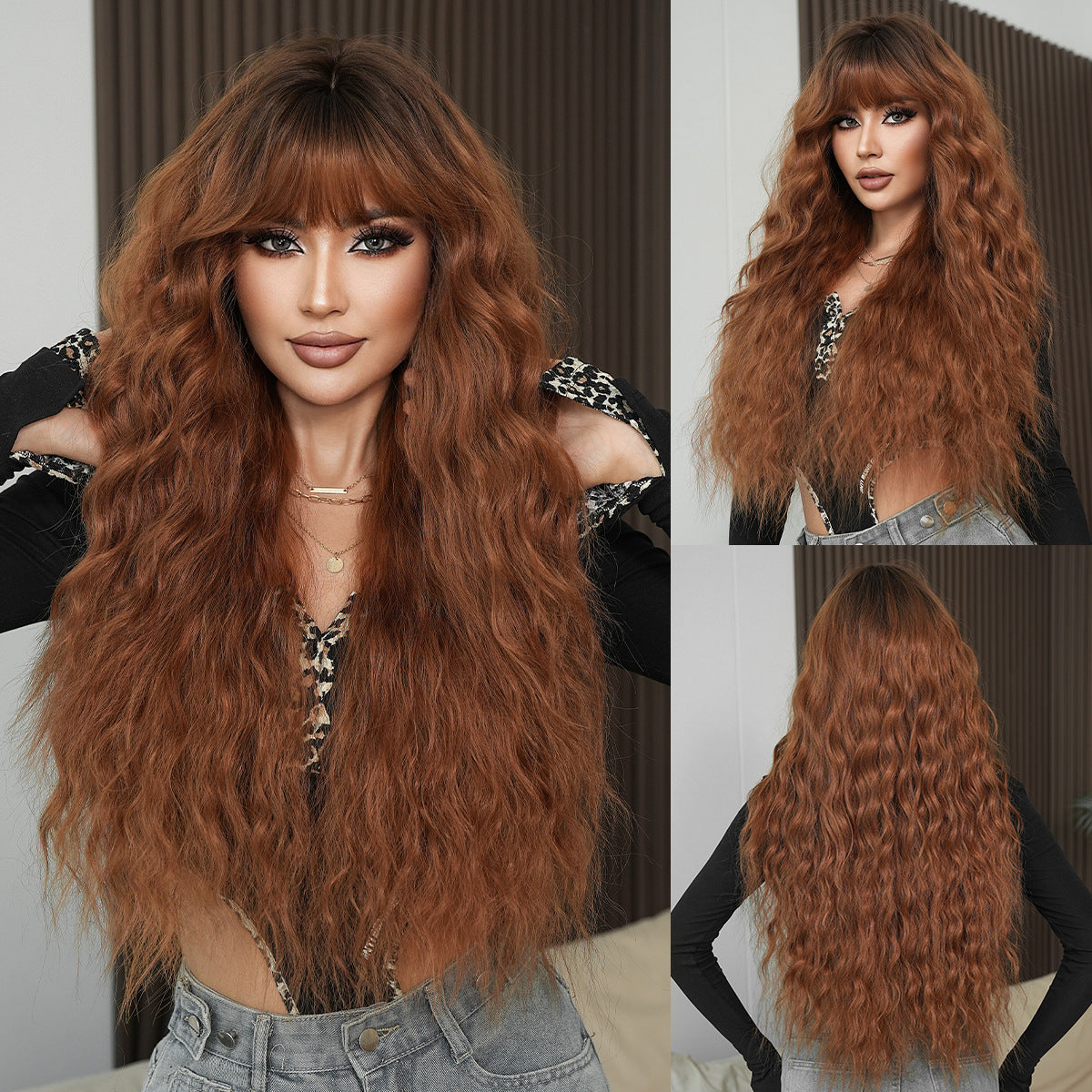 Women's Caramel Red Brown Hair Water Ripple Curly Fashion Wig Long Curls