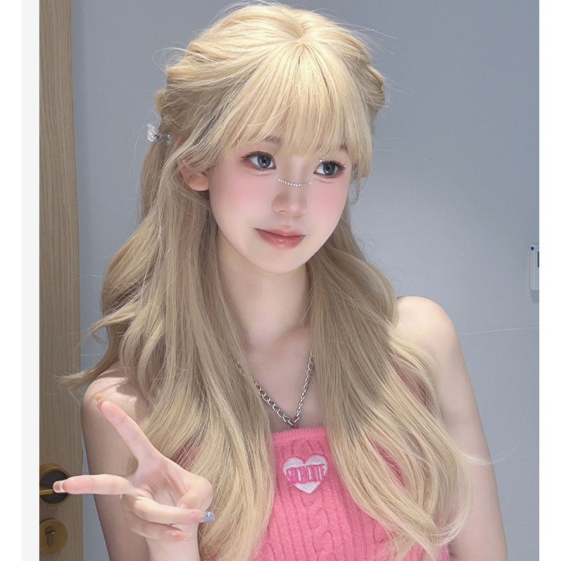 Women's Curly Milk Tea Golden White Whole Top Fashion Naturally Invisible Wig Long Curls