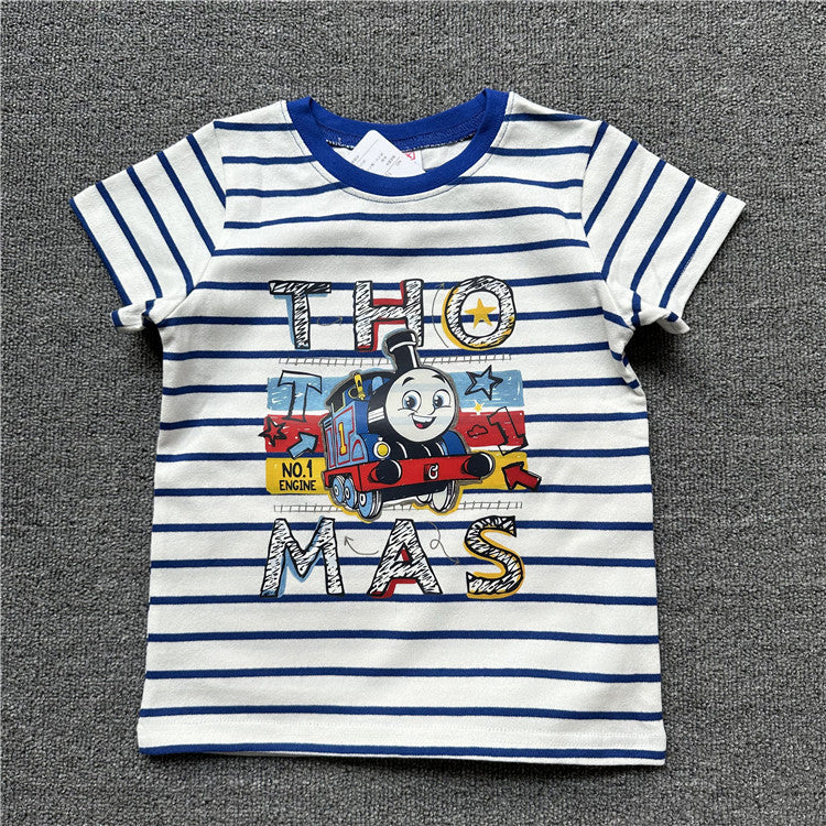 Children's Single Summer Train Friends Striped Pure Cotton Short-sleeved Children's T-shirt
