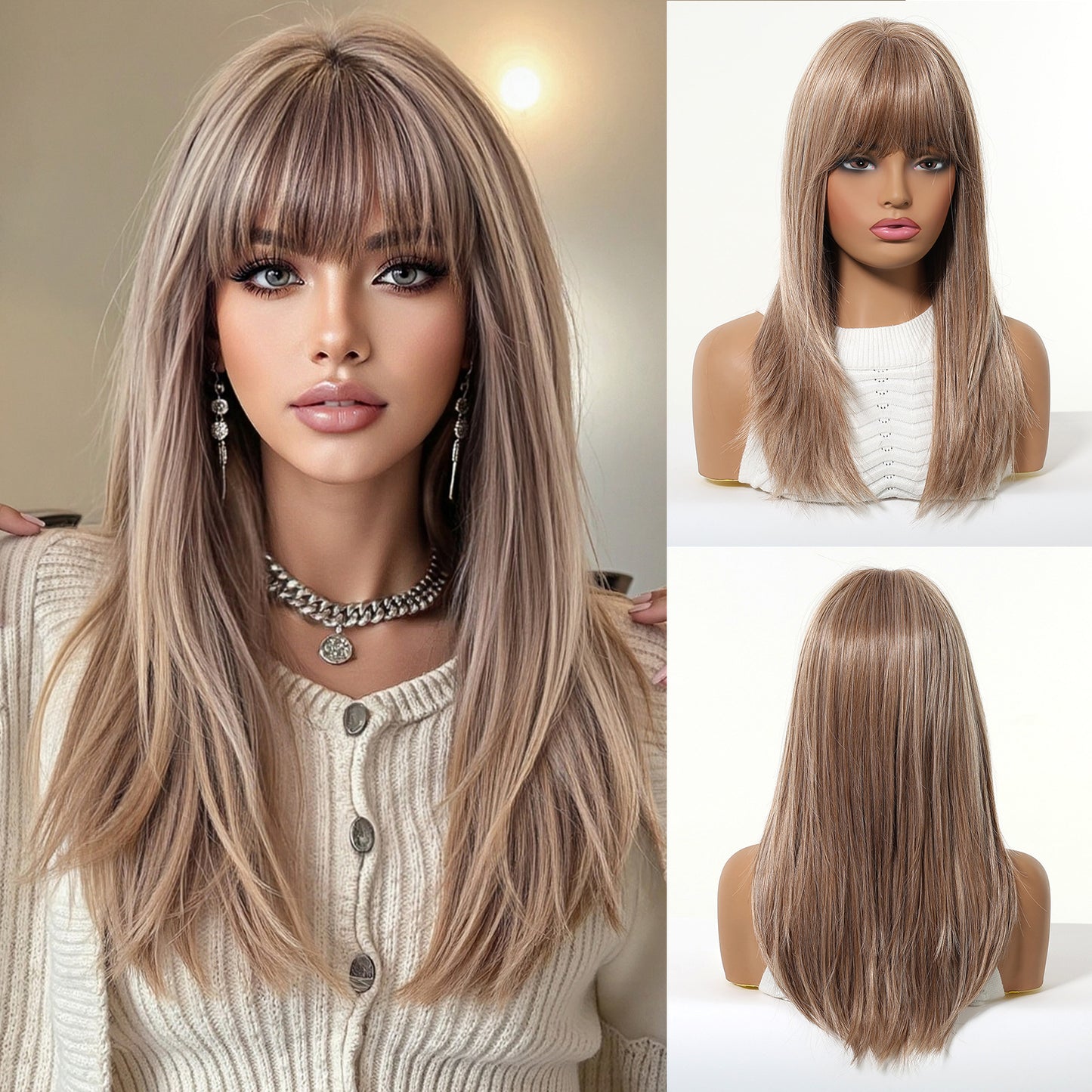 Female Summer Hair Natural Mid-length Fashion Air Bangs Long Straight Wig
