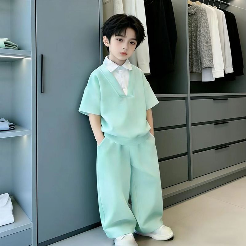 Children's Boy's Summer Pu Short-sleeved Clothes Korean Style Western Leisure Children's Suit