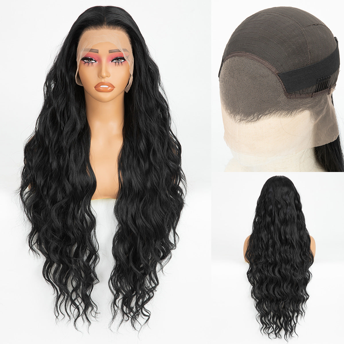 Lace Head Cover Black Hand-woven Curly Long Straight Wig