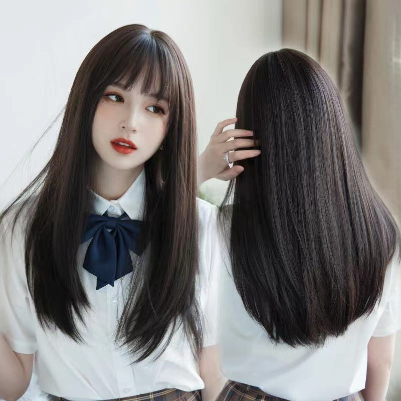 Women's Long Collarbone Length Haircut Air Bangs Natural Fluffy Short Round Real Hair Wig