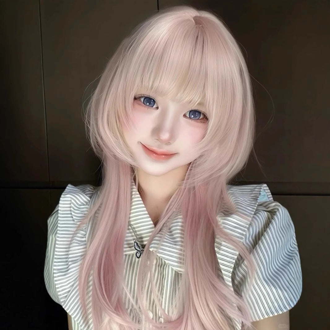 Female Cherry Pink High Level Head Daily Face Repair Long Straight Wig