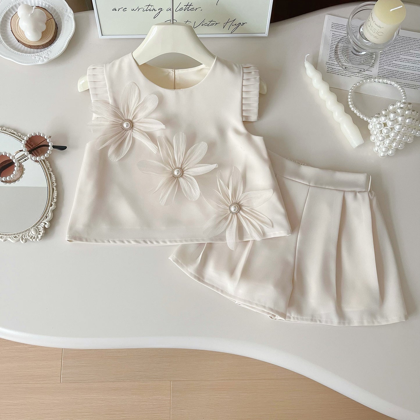 Floral Short Sleeve Blouse Pants Vest Children's Suit
