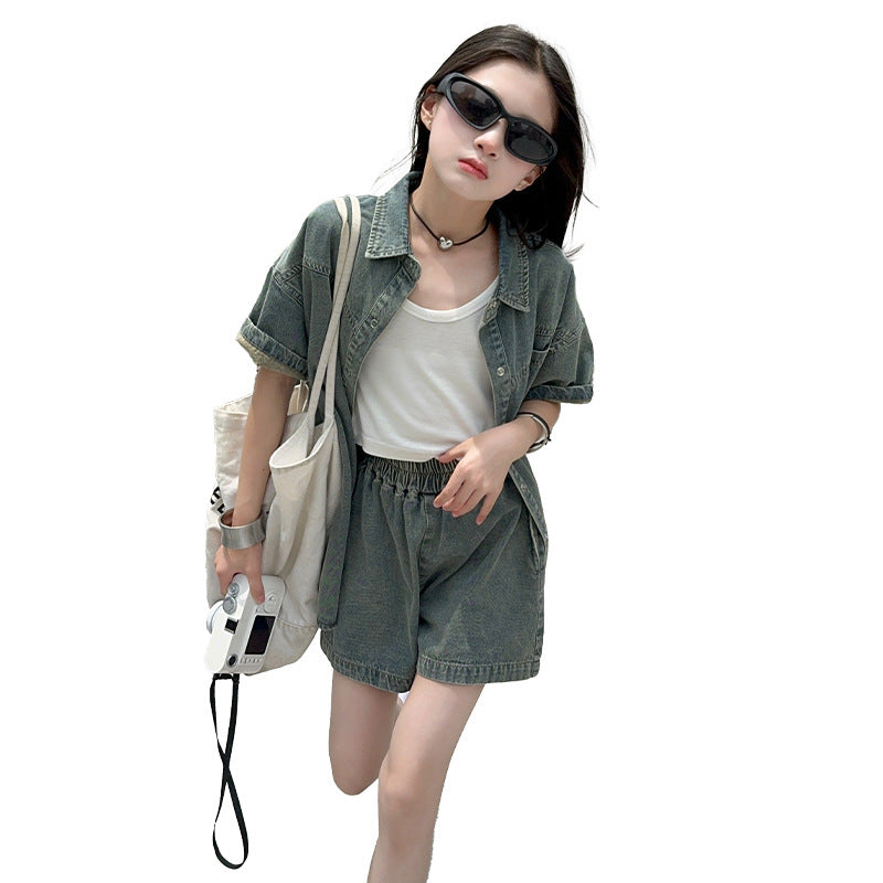 Children's Thin Do The Old Cowboy Short-sleeved Shorts Medium Big Denim Children's Suit