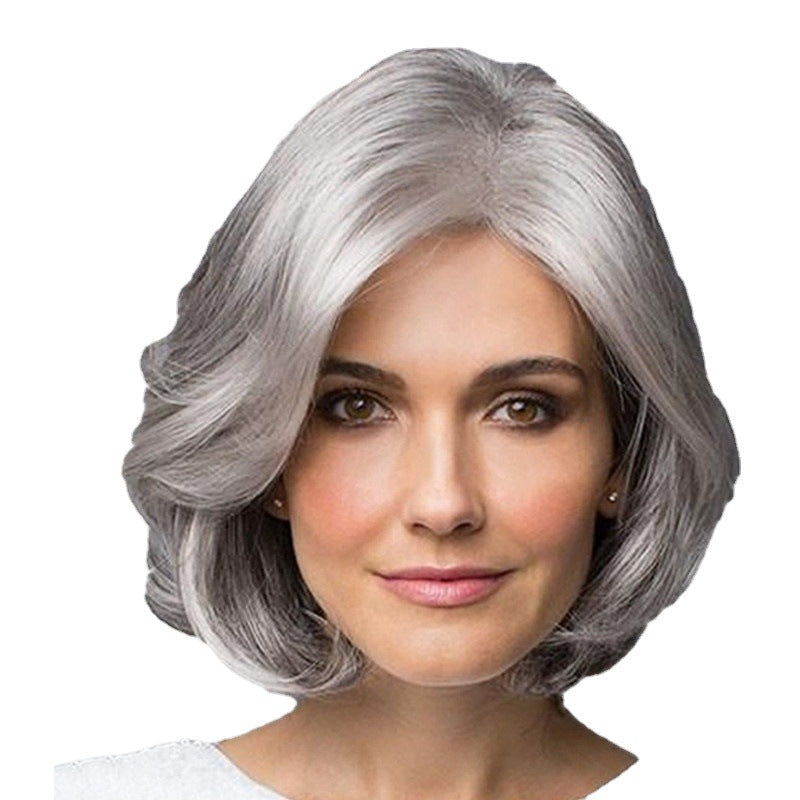 Lady Mom Sier Gray Curly Fluffy Wig Short Straight Hair