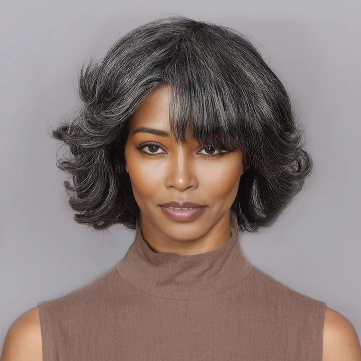 Human Mechanism Short Dark Gray Light Granny Grey Wave Curly Real Hair Wig