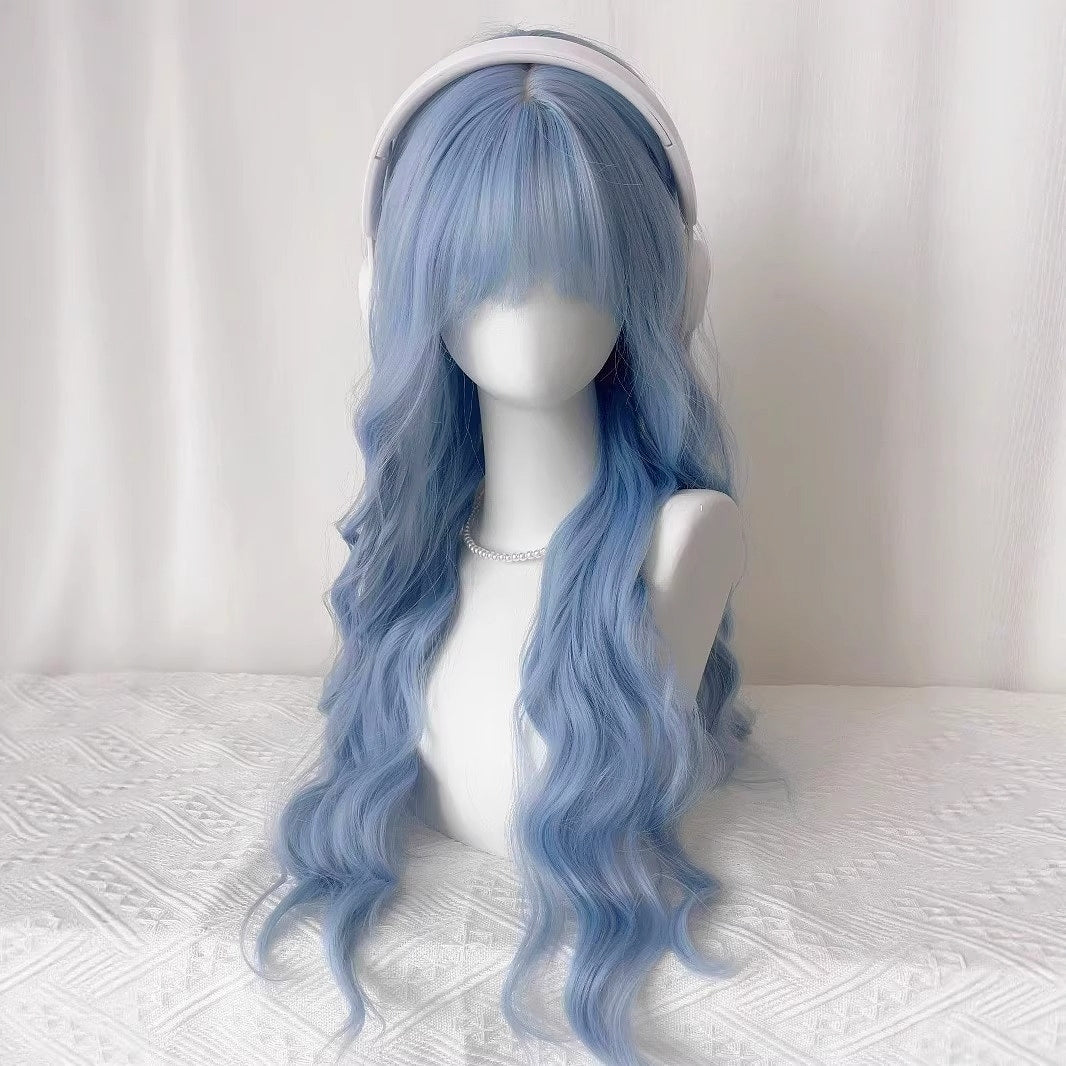 Blue Female Straight Bangs Curly Hair Water Wig Long Curls