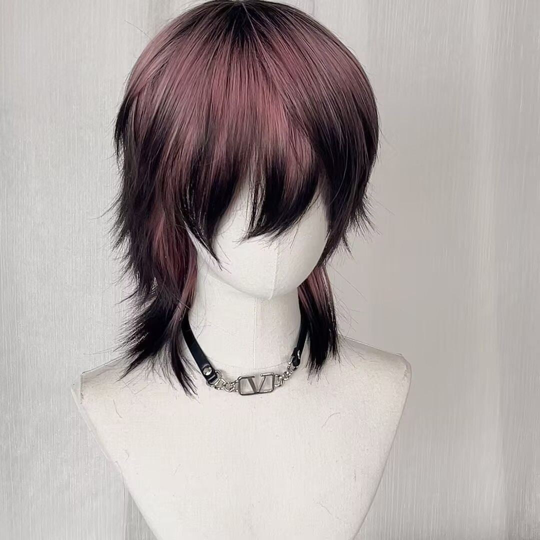 Siam Wolf Tail Pink Gradient Artificial Anchovy Head Subculture Wig Short Straight Hair