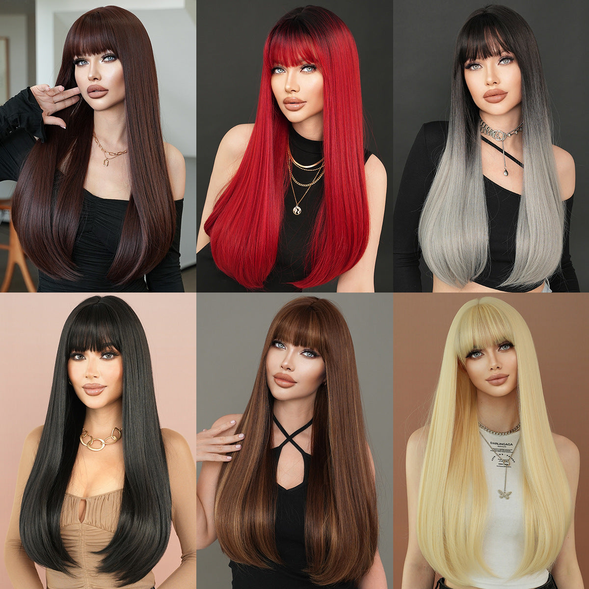 Women's Caramel Mocha Bangs Inner Buckle Layered Long Straight Wig