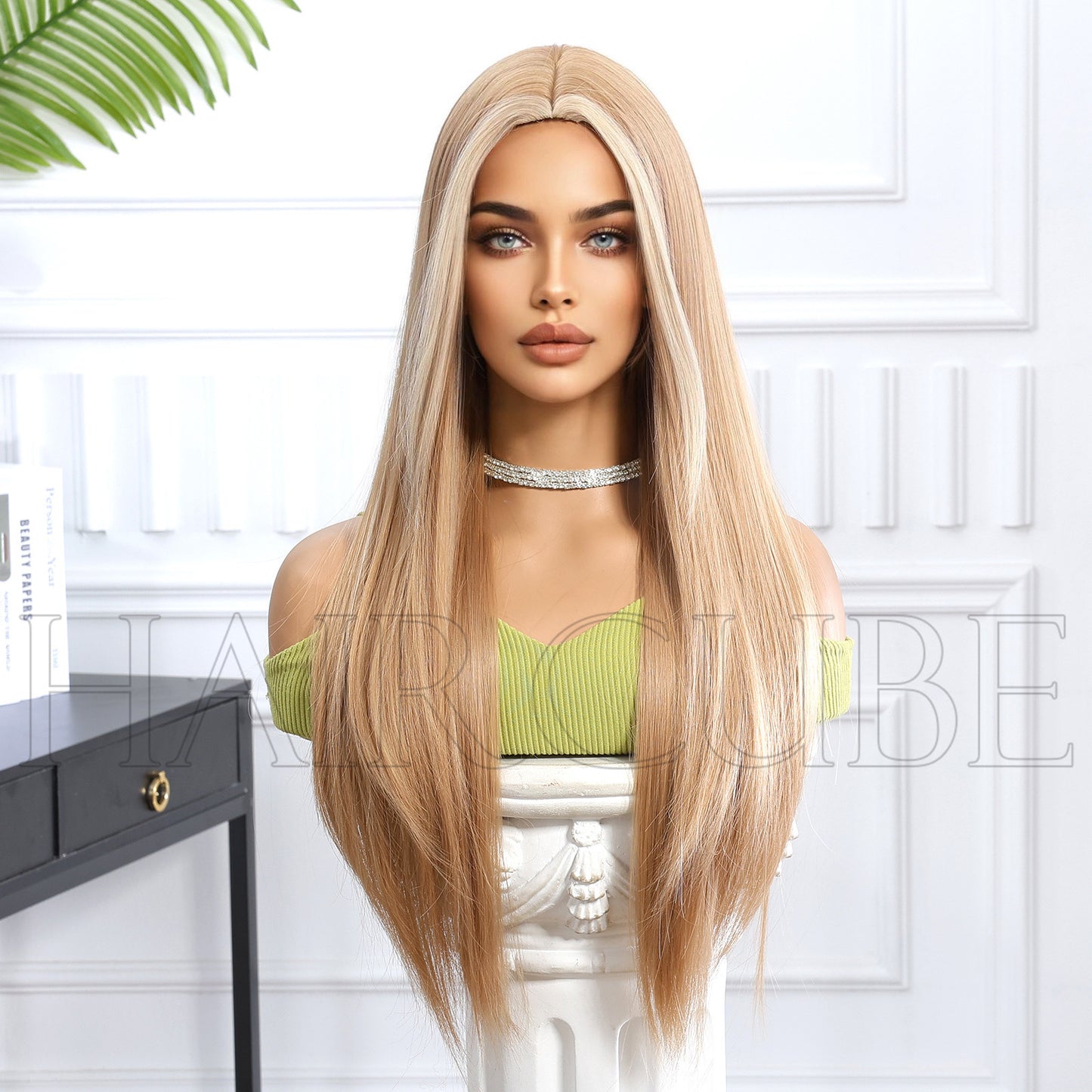 Female Headgear Mid-length Hair Chemical Fiber Golden Highlight Long Straight Wig