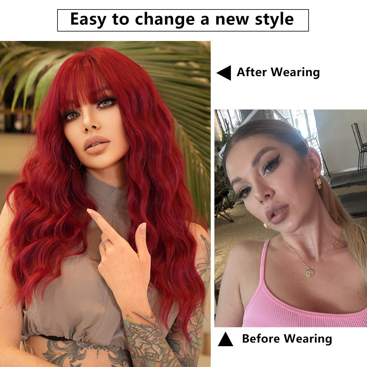 Women's Charming Red Small Straight Bangs Wavy Wig Long Curls