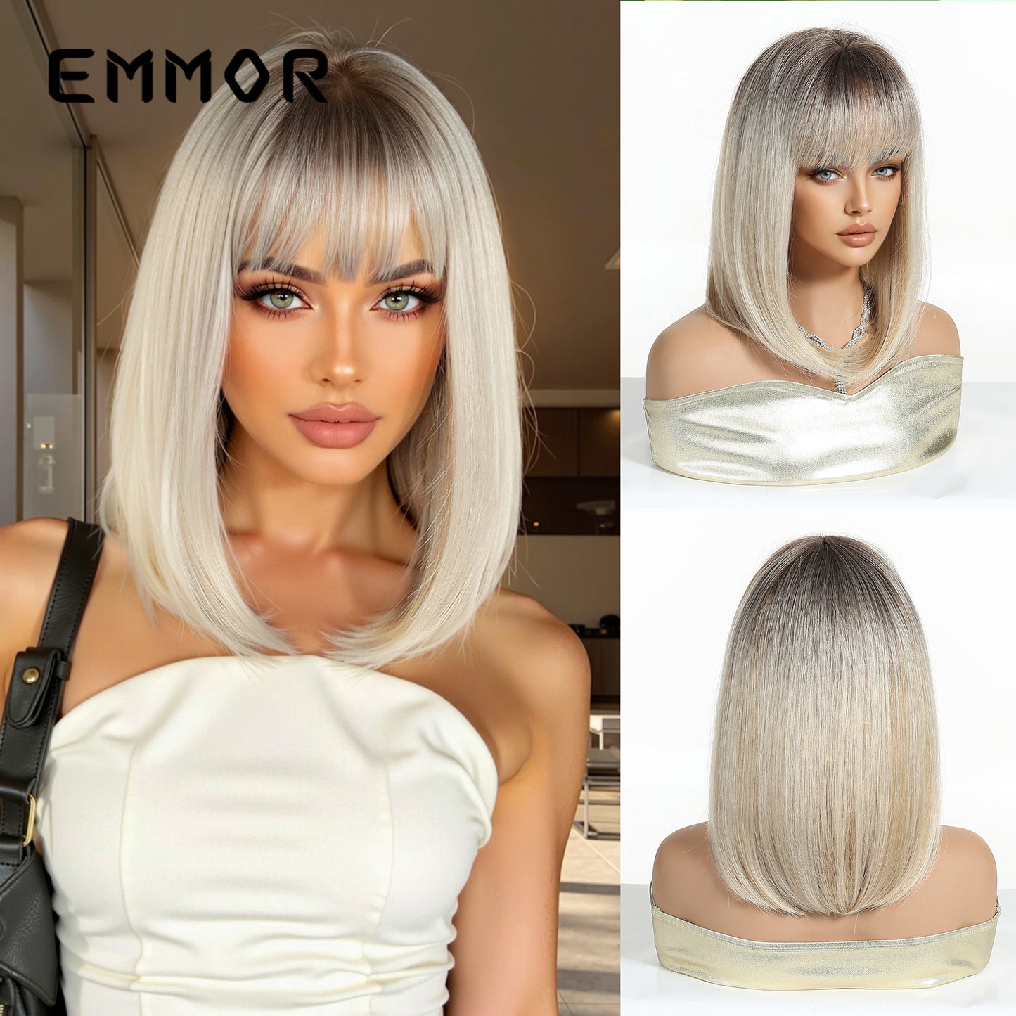 Bangs Gradient Gray White Fashion Female Wig Short Straight Hair