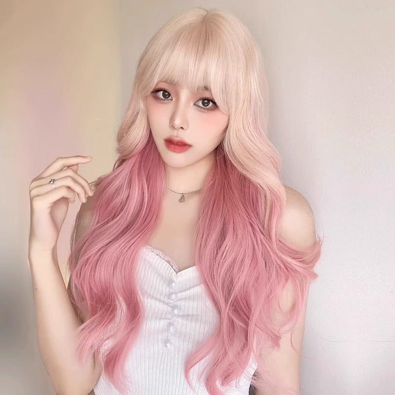 Pink Platinum Color Gradient Curly Hair Straight Big Wave Full Wig Long Curls