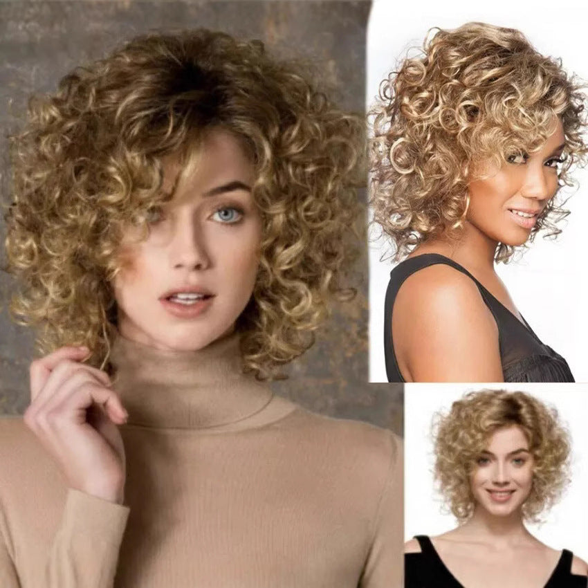 African Small Brown Afro Curling Iron Set Wig Short Curly Hair