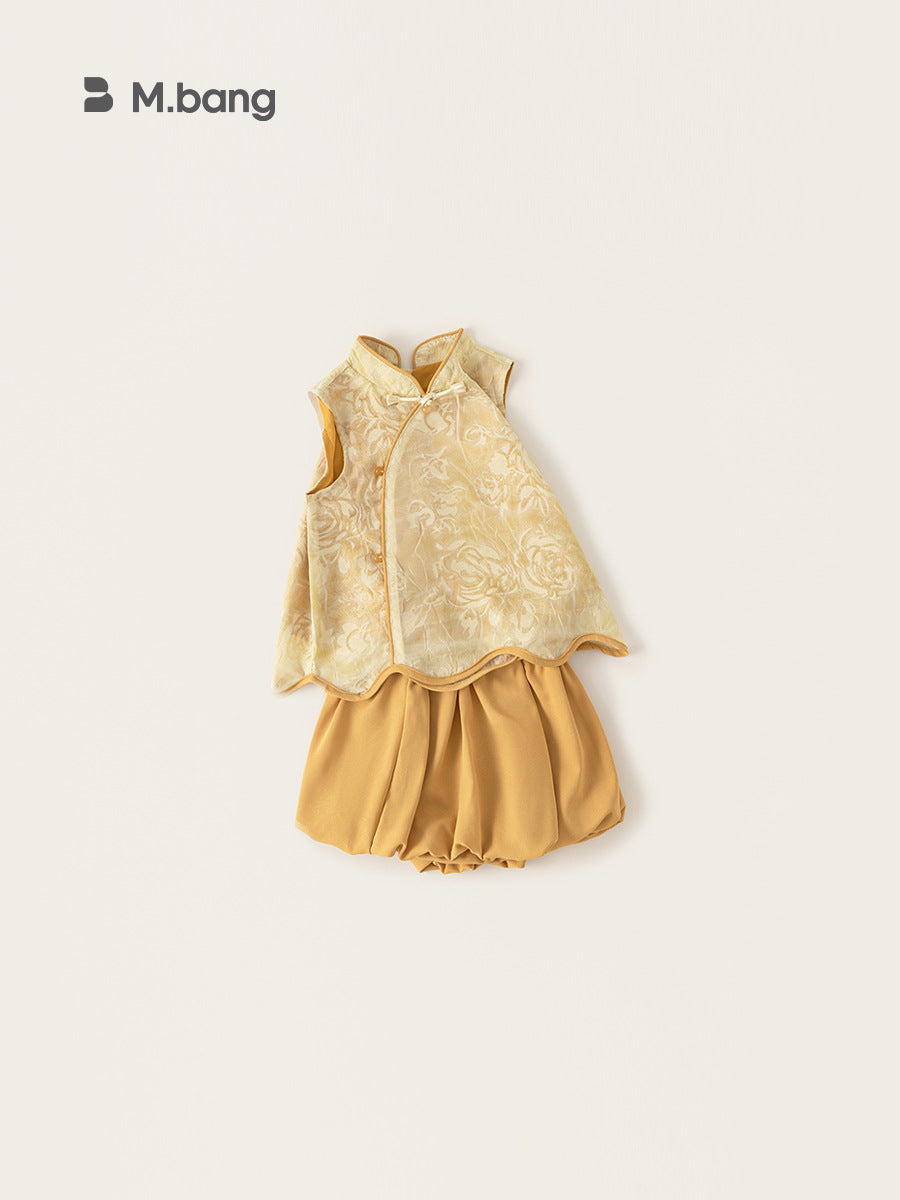 Children's Ethnic Style Sleeveless Top Solid Color Bud Skirt Pants Two-piece Children's Suit