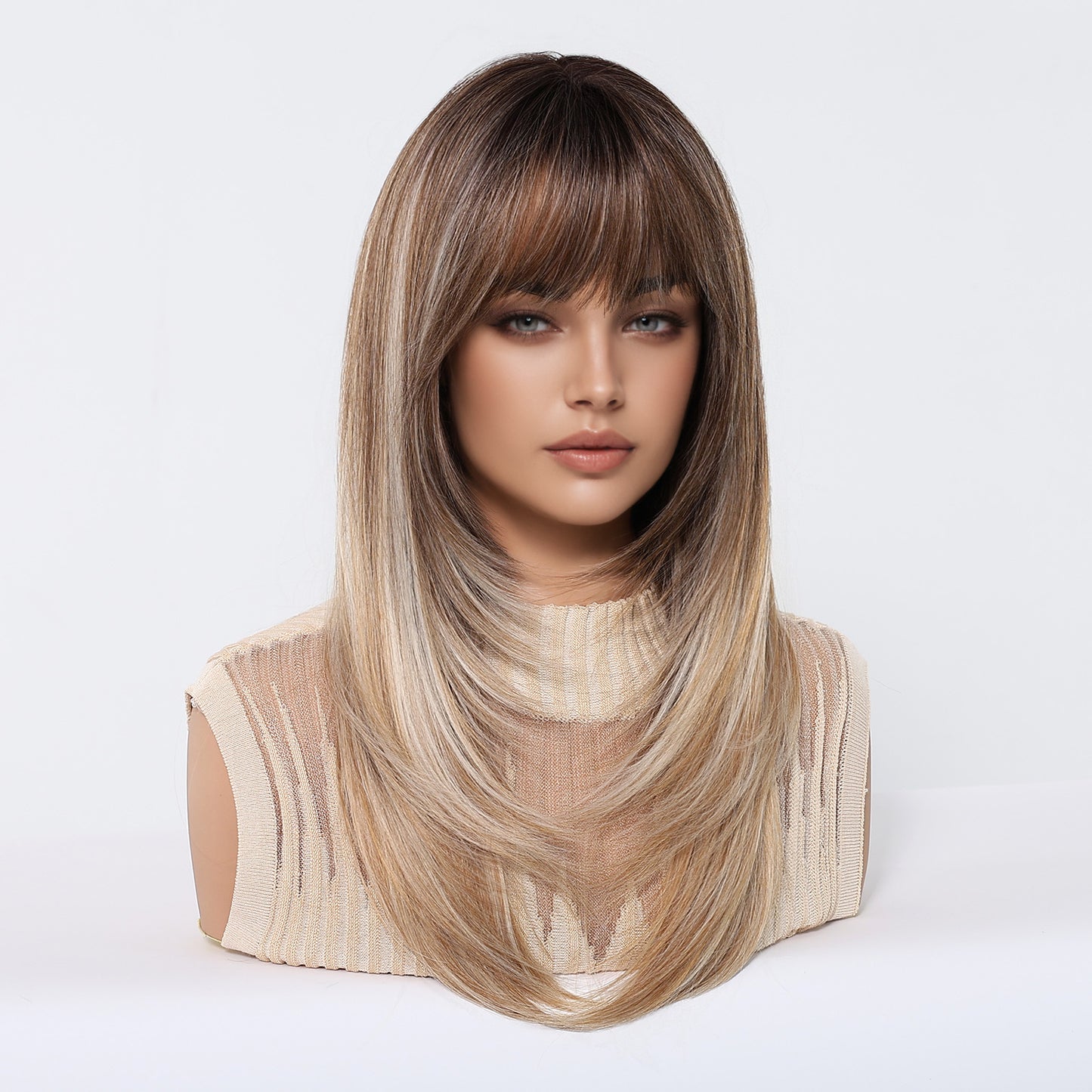 Bangs Layered Atmosphere Black Brown Hair Long Straight Wig