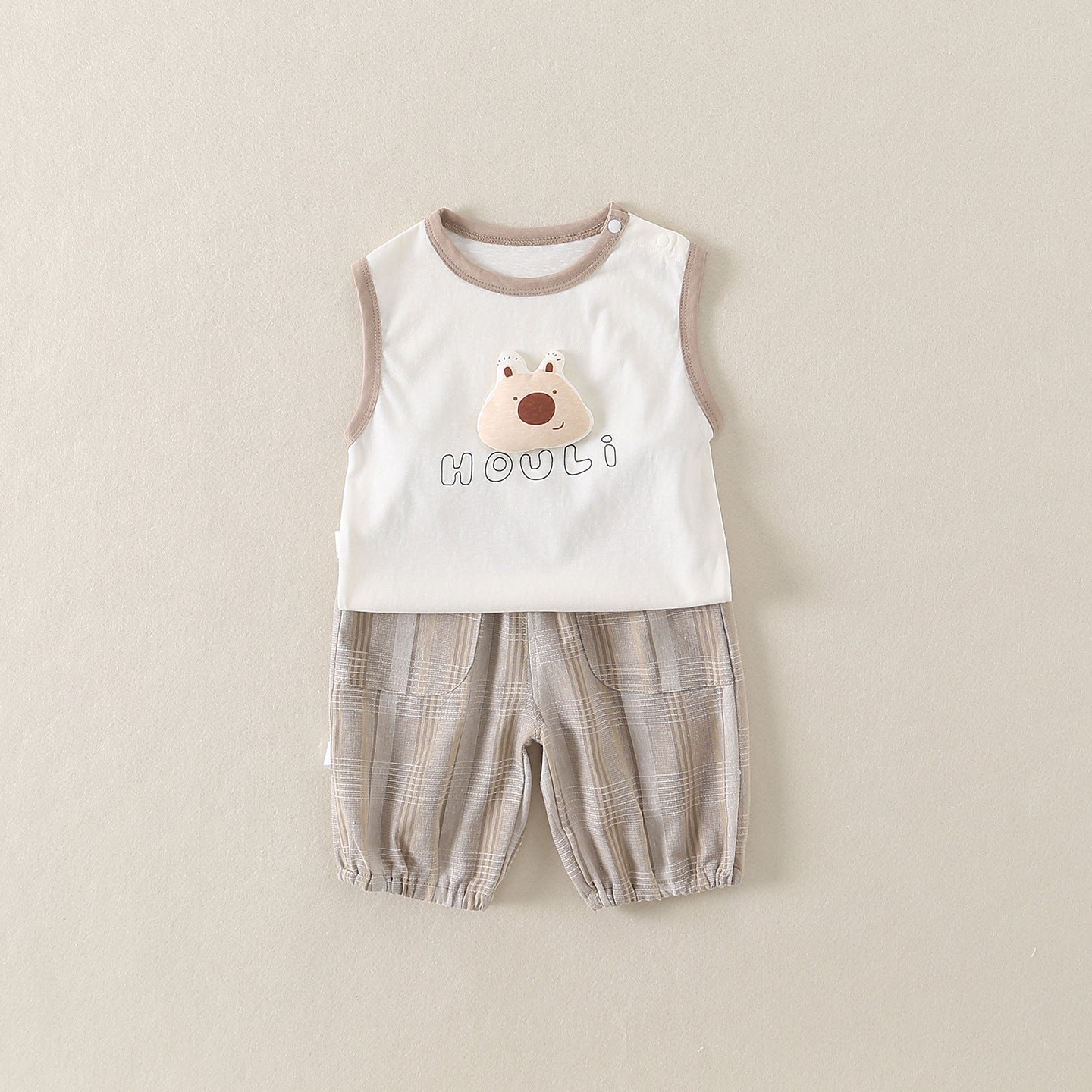 Summer Clothes Sleeveless Cartoon Cute Cotton Breathable Outer Wear Plaid Children's Suit