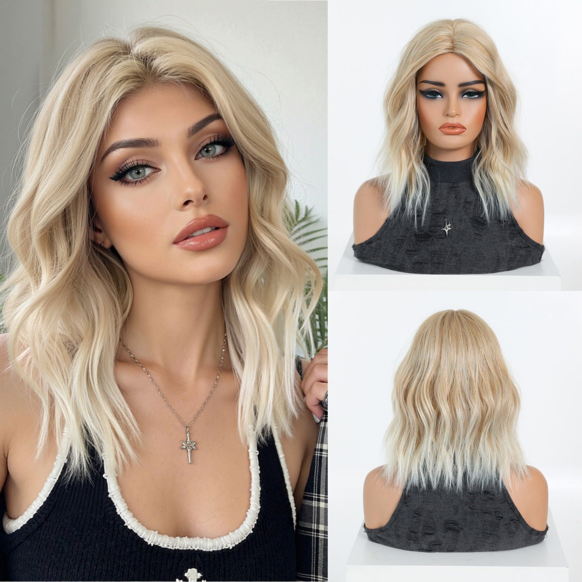 Light Gold Gradient Mid-length Wavy Fashion Lady Natural Wig Short Curly Hair