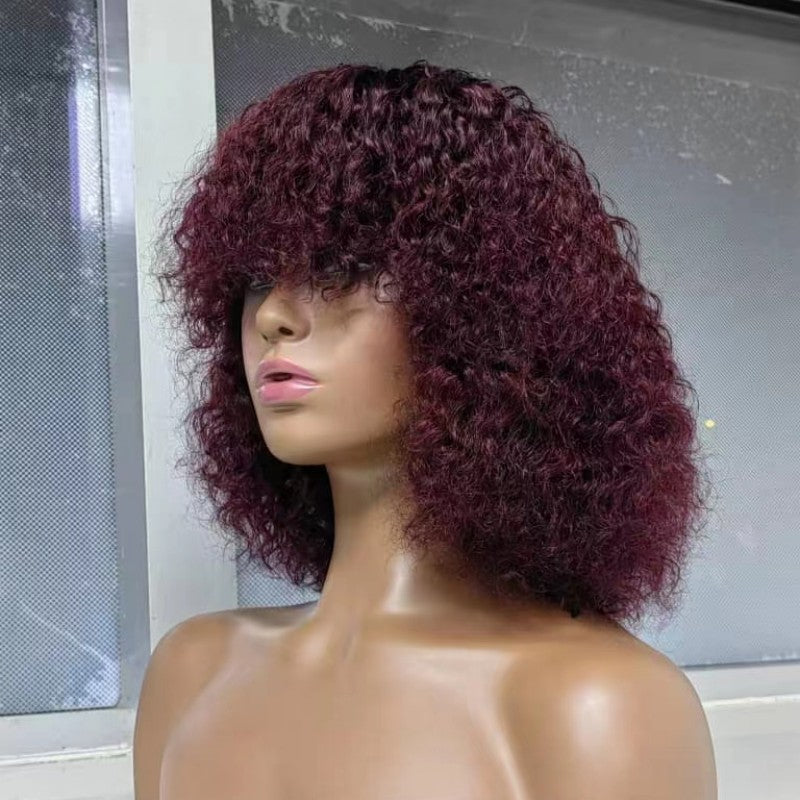 Brazilian Fringe Bangs Curly Bob Density Real Hair Wig