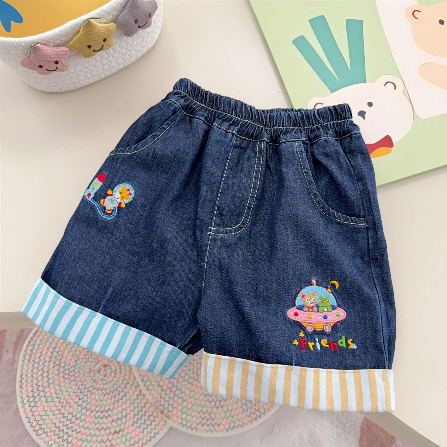 Color Matching Curling Summer Cartoon Patch Vertical Stripe Shorts Children's Pants