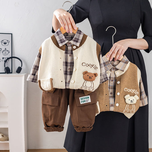Children's Boys Autumn Clothing Western Style Cardigan Sweater Vest Three-piece Children's Suit