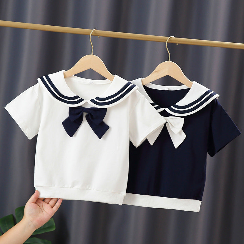 Children's Clothing Short-sleeved Thin Summer Navy Style Lapel Princess Bottoming Shirt Children's T-shirt