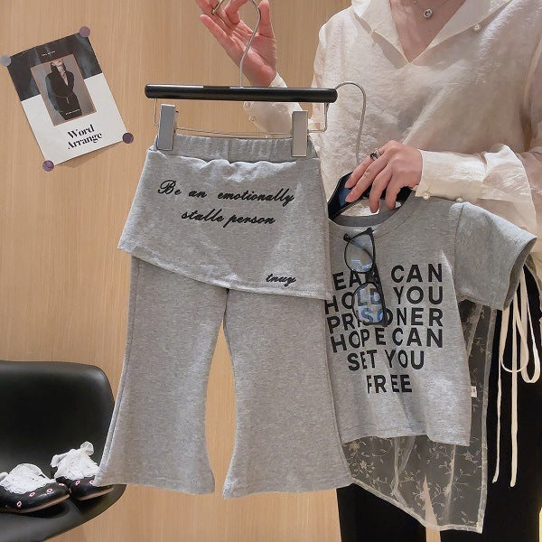 Short Sleeve Bell-bottom Pants Simple Letter Printed T-shirt Fart Curtain Children's Suit