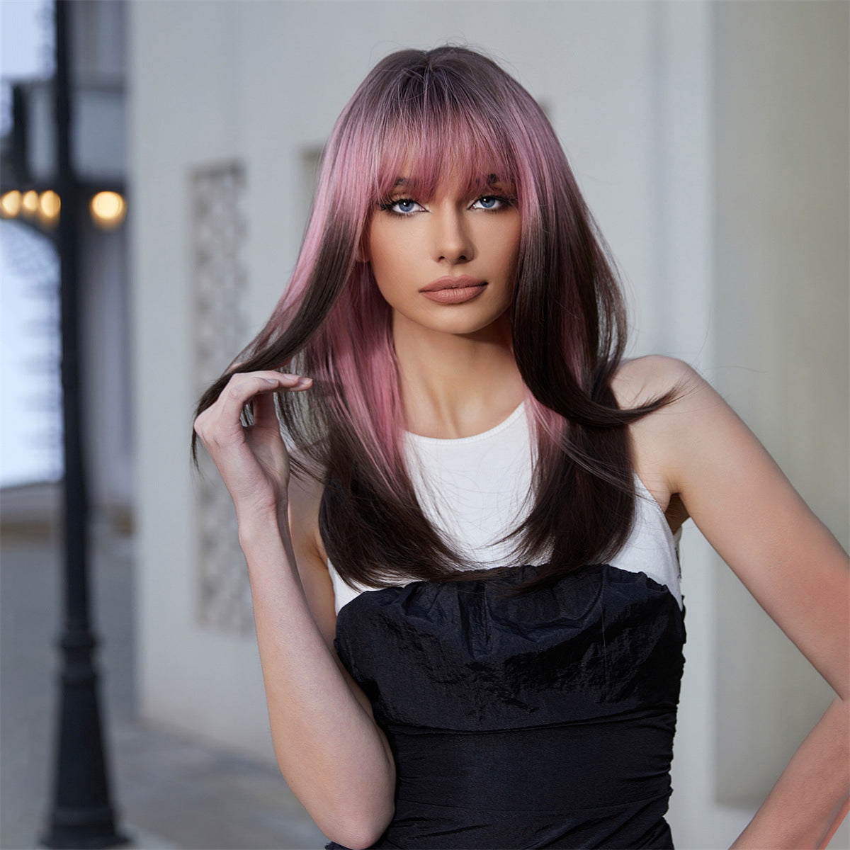 Punk Pink Gradient Dark Brown Fringe Straight Wig Long Curls