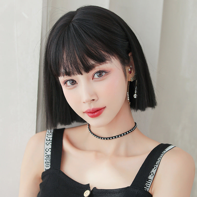 Women's Round Face Sheath Full Top Wig Short Straight Hair