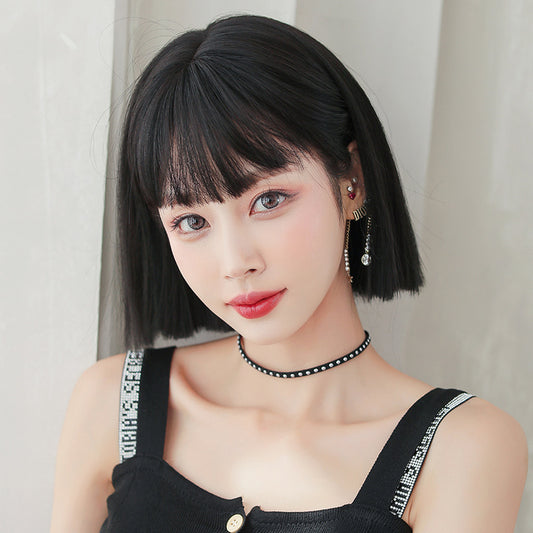 Women's Round Face Sheath Full Top Wig Short Straight Hair