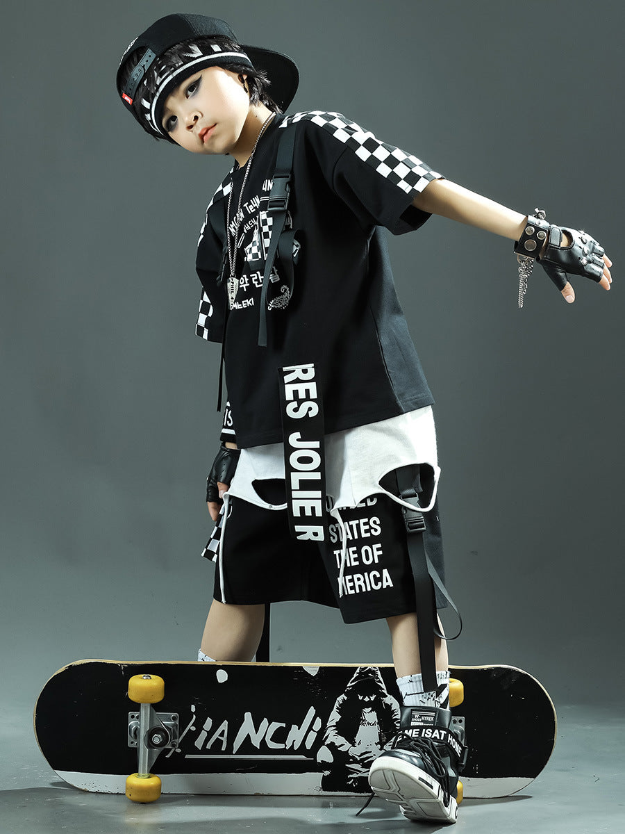 Children's Sports Summer Plaid Korean Style Teens Two-piece Clothing Children's Suit